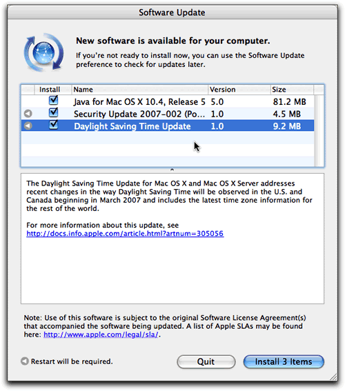 Mac OS X Software Update window showing Daylight Savaings Time, security and Java updates.