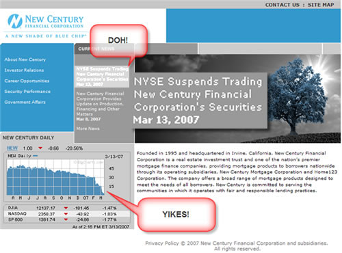 Screenshot of the New Century Financial Corporation site, showing an auto-updated news feed and stock ticker displaying embarassing news.