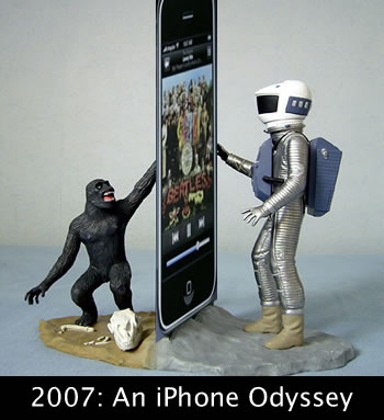 Photo: “2007: An iPhone Odyssey”, featuring and ape and Bowman from the movie, touching an iPhone monolith