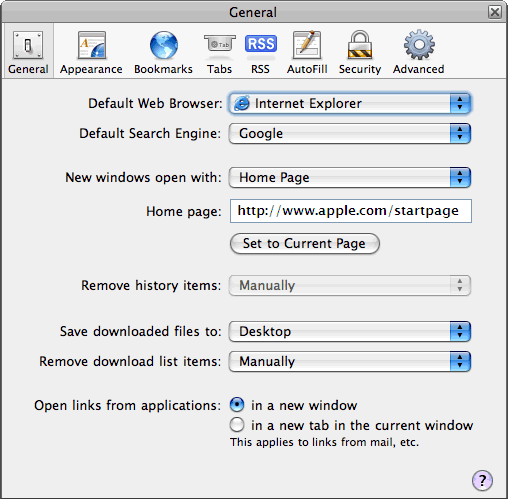 “Preferences” dialog box in Safari for Windows