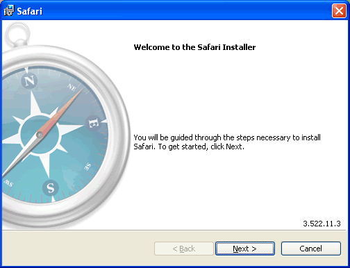“Welcome” screen for the Safari for Windows installer