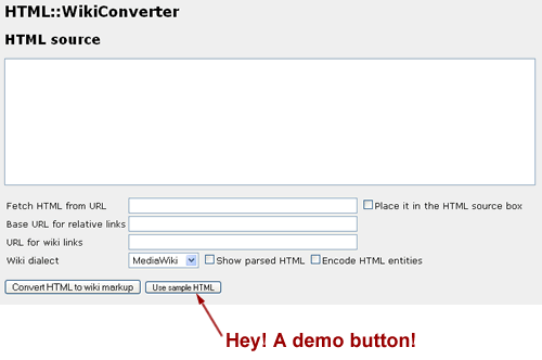 Screenshot of html2Wiki, with the demo button highlighted.