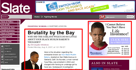 Screenshot of Slate showing article about violence at “Your Black Muslim Bakery” paired with an ad showing a black kid and the headline “I can’t believe you don’t have life insurance!”