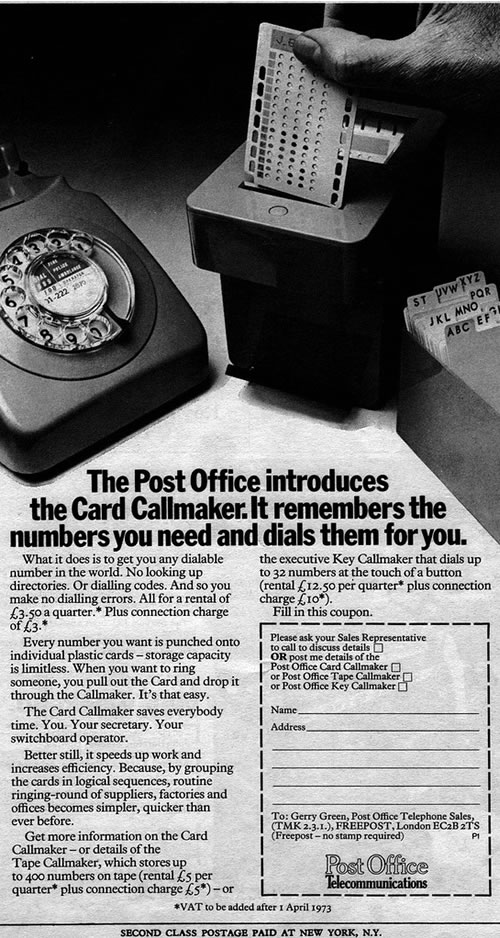 1973 ad for the “Card Callmaker”, a punch-card-driven phone number memory system.