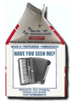 “Missing” announcement on a milk carton featuring an accordion