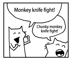 The foxes from why the lucky stiff’s “Why’s (Poignant) Guide to Ruby” yelling “Monkey Knife Fight!”