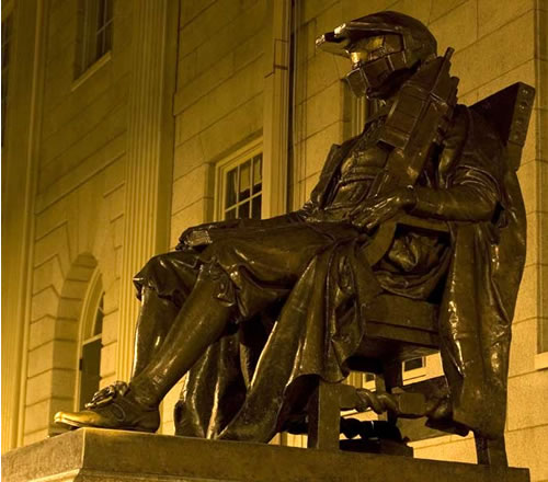 Statue of John Harvard, modded to give him Master Chief’s helmet and gun.