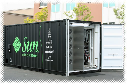 A “Project Blackbox” container with its doors open, revealing the computing center inside.