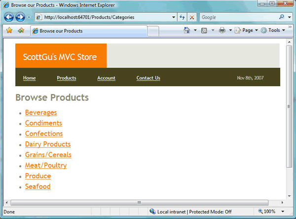 Screenshot of example app written in the new ASP.NET-based MVC framework