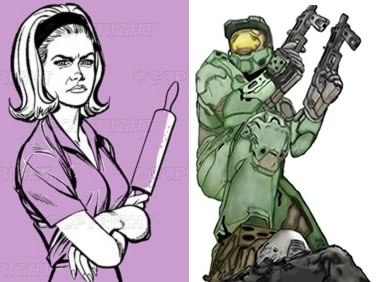 Angry woman brandishing a rolling pin and “Master Chief” from the “Halo” series of games