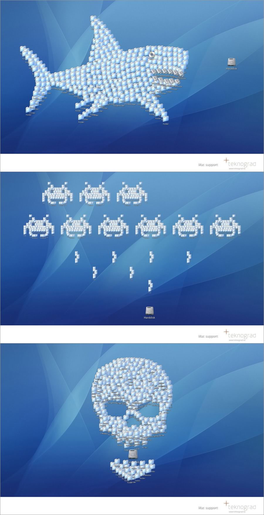 Teknograd Mac Support ad featuring desktop icons arranged to form images