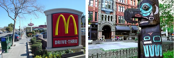 McDonald’s on El Camino Real and totem pole at Pioneer Square