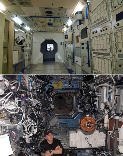 ISS: The mockup (clean, ordered) vs. the reality (a mess of cables and gear)