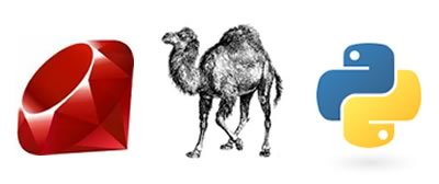 Ruby ruby, Perl camel and Python logo