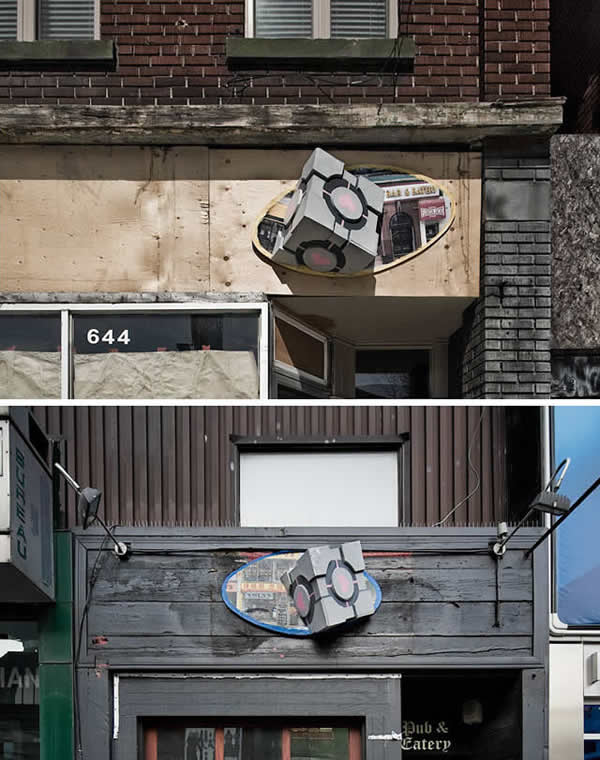 “Weighted Companion Cube” storefronts in Toronto