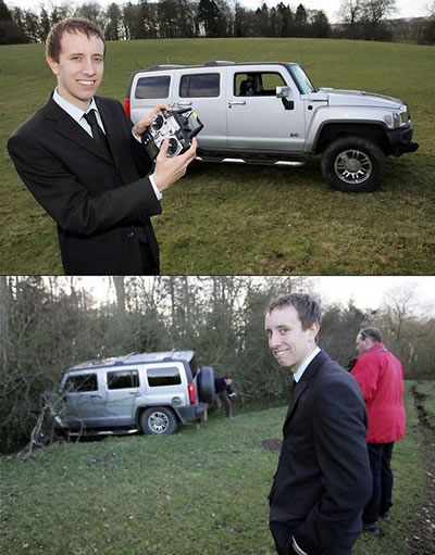 \"Before and after\" photos of a radio-controlled Hummer mishap