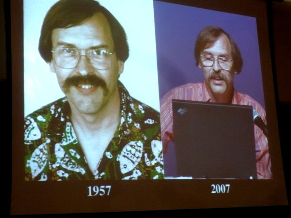 \"Larry Wall does not age\" slide from Damian Conway\'s presentation