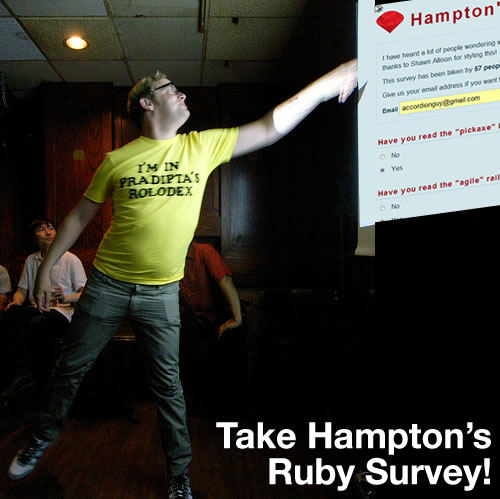 \"Take Hampton\'s Ruby Survey\": Hampton Catlin pointing at his survey, projected on a screen