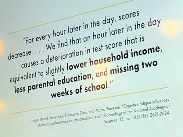 "For every hour later in the day, scores decrease...We find that an hour later in the day causes a deterioration in test score that is equivalent to slightly lower household income, less parental education, and missing two weeks of school."
