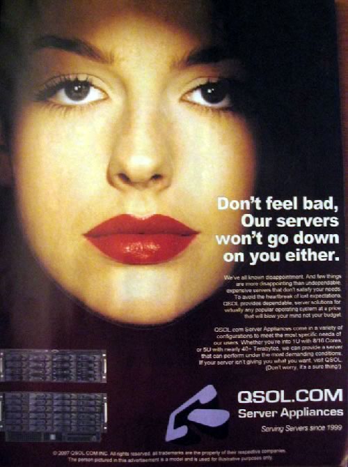 QSOL ad with a beautiful woman: “Don’t feel bad. Our servers won’t go down on you either”