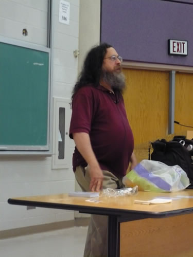 Richard M. Stallman giving his presentation at the Kaneff Centre, University of Toronto Mississauga.