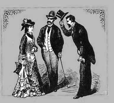 Woodcutting of a gentleman tipping his hat to a lady.