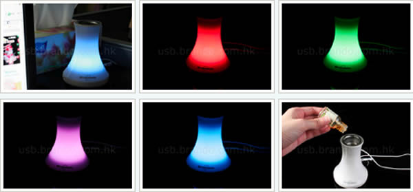 Photo-montage of the USB Aroma Radio + Speaker glowing in different colours