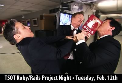 Jon Stewart, Conan O’Brien and Stephen Colbert fighting over a Rails logo