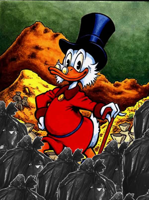Scrooge McDuck standing in a pile of trash bags