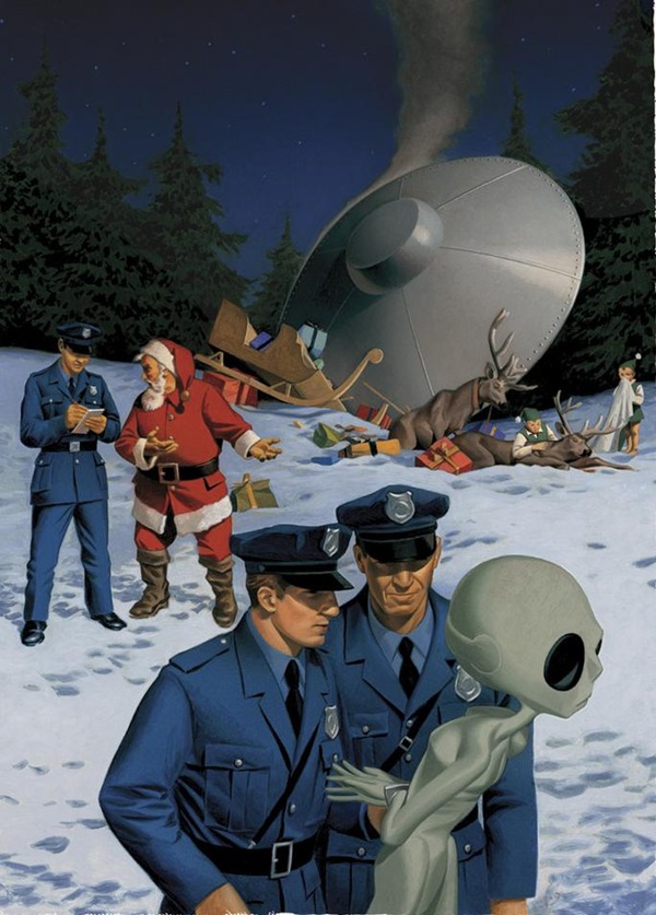 The aftermath of a Santa/U.F.O. collision with Santa filing a report and the cops hauling an alien away