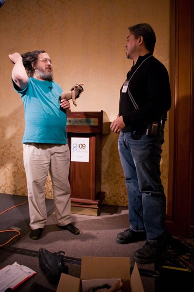 Richard Stallman and Joey deVilla onstage at CUSEC 2009