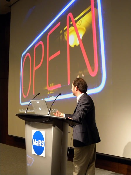 Cameron Neylon and his "Open" slide at Science 2.0