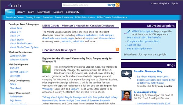 Screenshot of the "new look" MSDN Canada