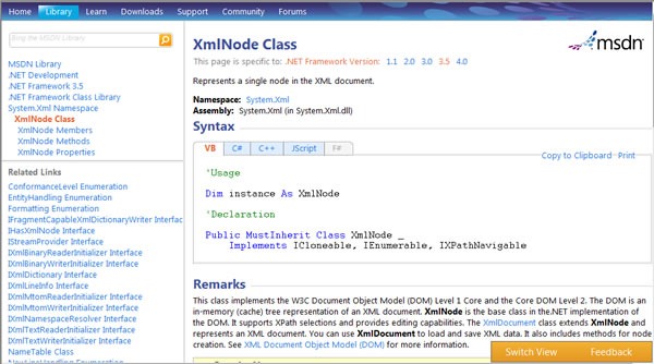 Screen shot of the "new look" MSDN Library