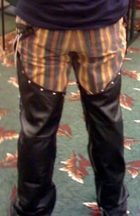 Joey deVilla wearing chaps at Toronto CodeCamp 2009