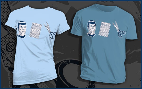 Powder blue and slate versions of the "Spock, Paper, Scissors" T-shirt