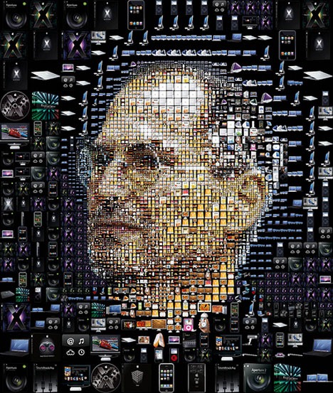 Mosaic of Apple products arranged to form picture of Steve Jobs