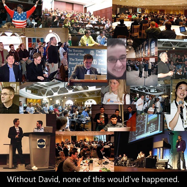 Collage of DemoCamp photos: "Without David, none of this would've happened."