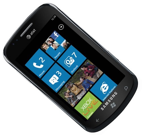 Samsung Focus WP7 phone, showing the start screen