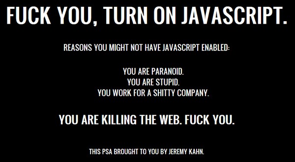 Screenshot of the "Fuck You, Turn On JavaScript" page