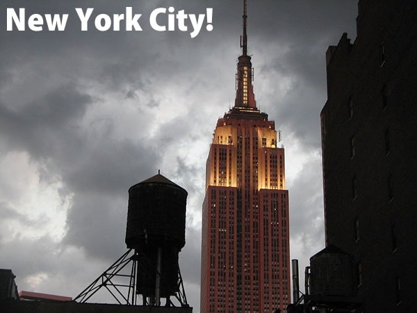 New York City!: The Empire State Building, lit up on a cloudy day.