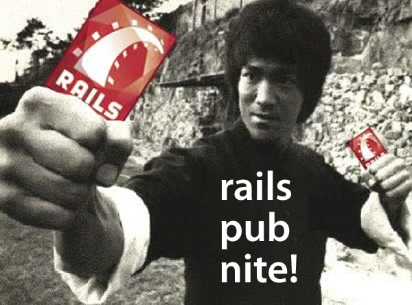 Rails Pub Nite: Bruce Lee holding Rails nunchuks