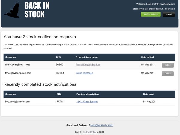 Screenshot of Back in Stock's admin page