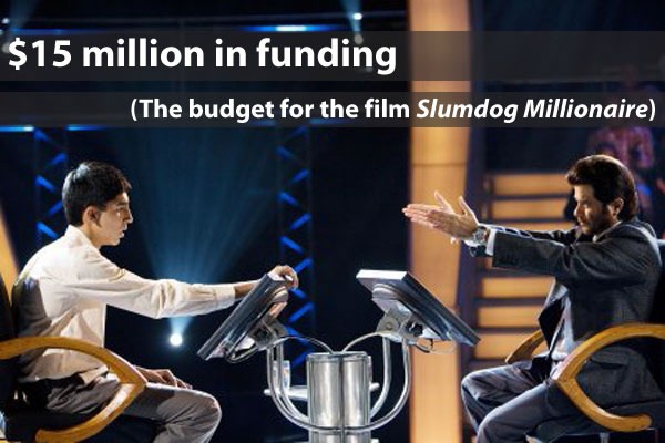 "$15 million in funding (the budget for the film Slumdog Millionaire)": "Who wants to be a millionaire" scene from "Slumdog Millionaire"