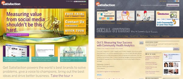 Screenshots of the Get Satisfaction main page and of the Get Satisfaction blog "Social Studies"