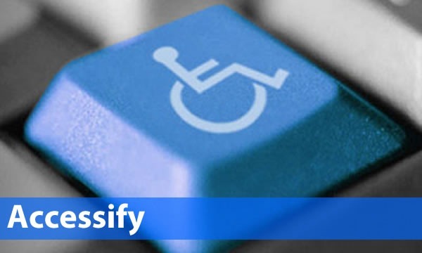 "Accessify": Computer keyboard with highlighted blue key with wheelchair symbol