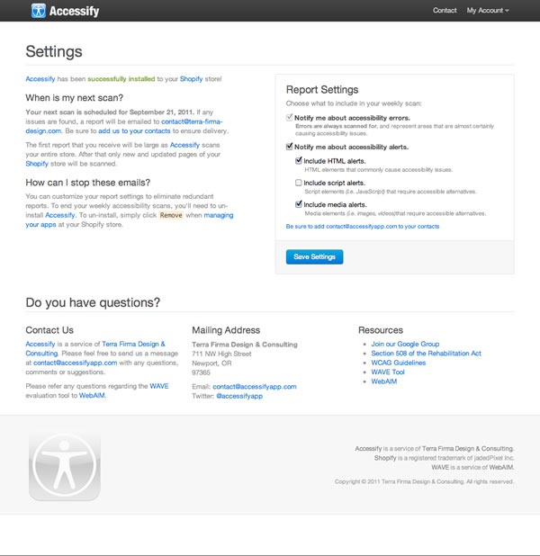 Screenshot of Accessify's settings page