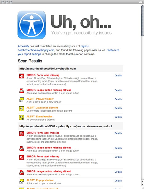 Screenshot of Acceessify's report page, showing accessibility warnings and hints