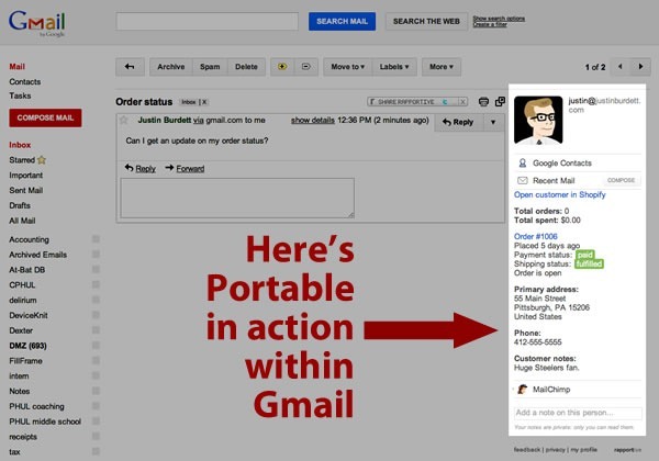Screenshot of Portable working within Gmail