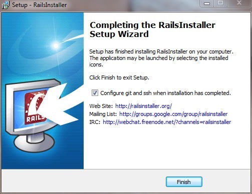 RailsInstaller wizard, "Completing the RailsInstaller Setup Wizard" screen